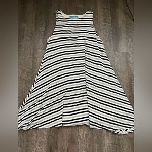 Black, grey, and white striped asymmetrical dress